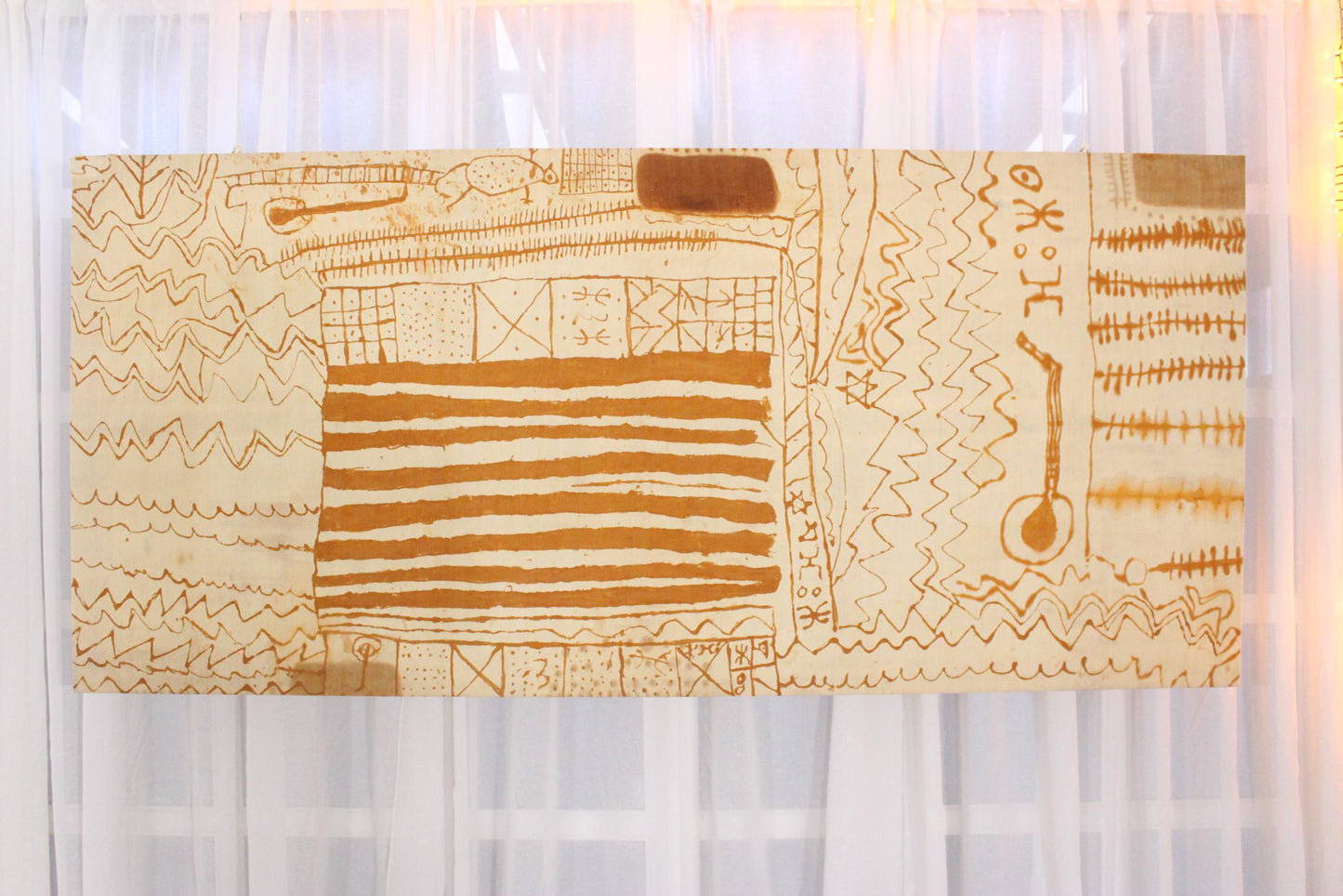 Unique vintage amazigh artwork - mounted on chassis, henna dyed - 3.7x8.2feet / 114x250cm