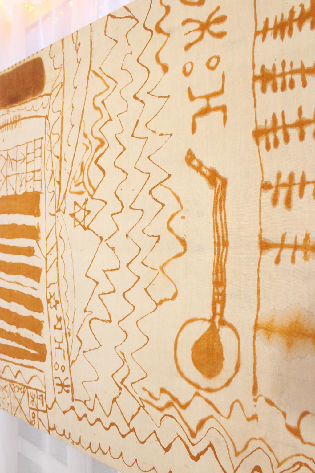 Unique vintage amazigh artwork - mounted on chassis, henna dyed - 3.7x8.2feet / 114x250cm