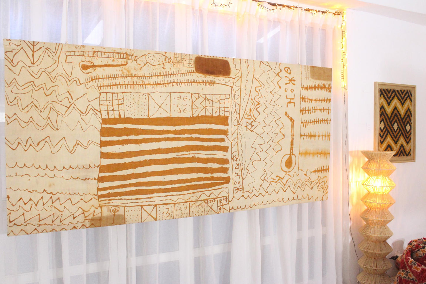 Unique vintage amazigh artwork - mounted on chassis, henna dyed - 3.7x8.2feet / 114x250cm