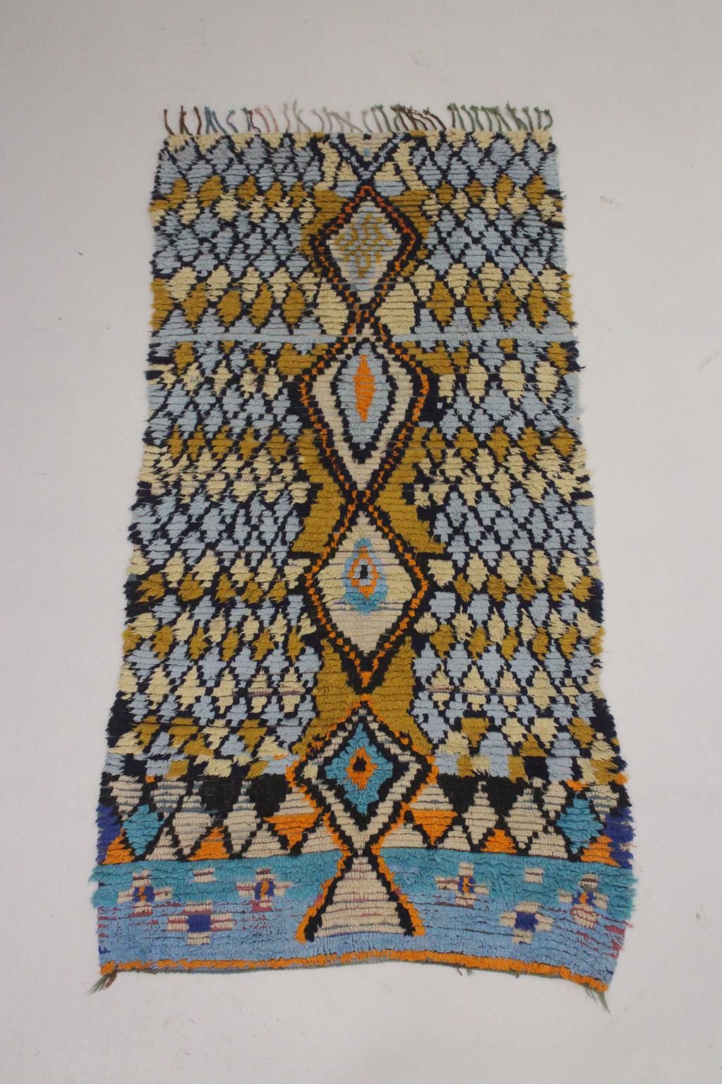 Vintage moroccan rug - blue, mustard - Cotton boucherouite - 4x8.2feet / 122x252cm