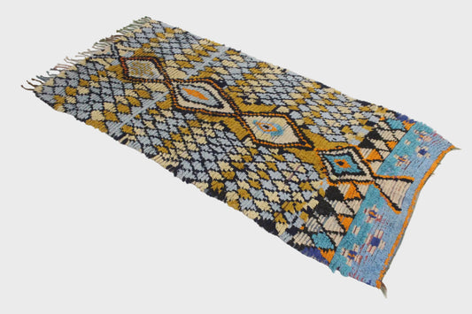 Decorative rug with geometric pattern on a white floor