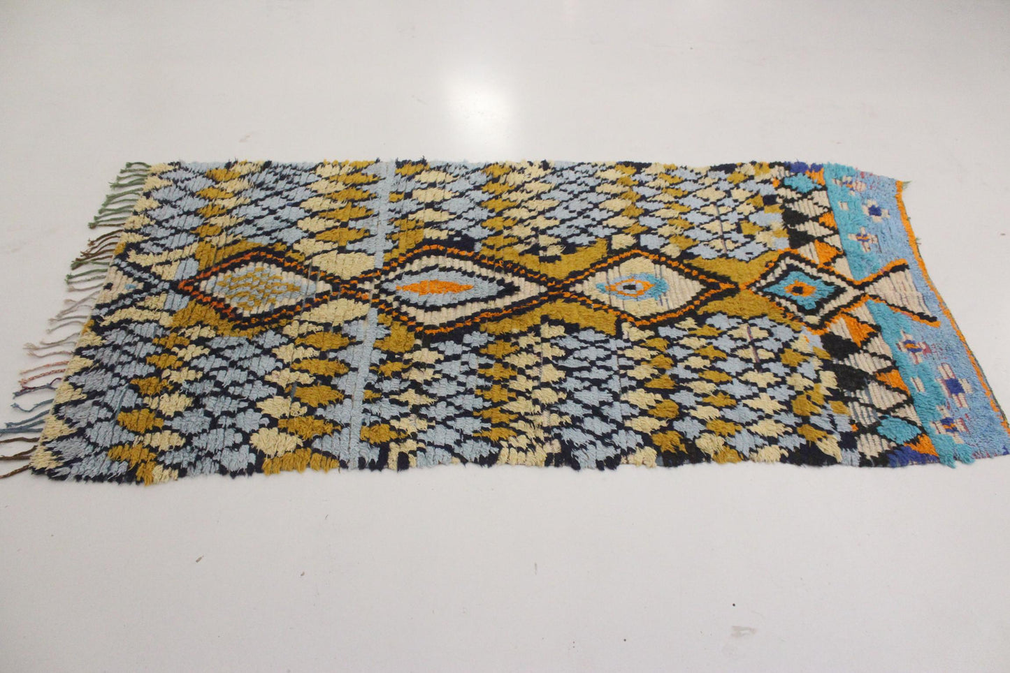 Vintage moroccan rug - blue, mustard - Cotton boucherouite - 4x8.2feet / 122x252cm