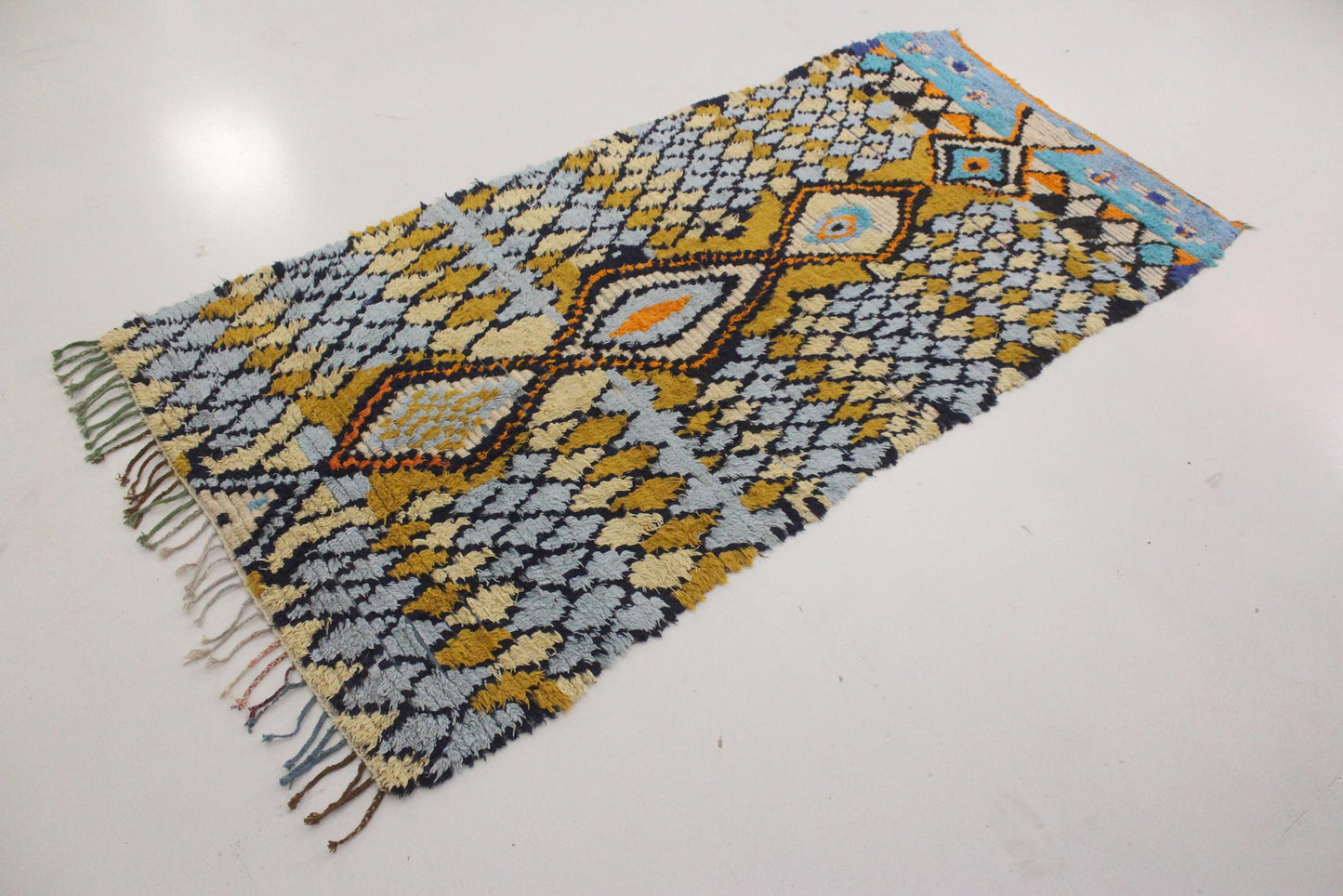 Vintage moroccan rug - blue, mustard - Cotton boucherouite - 4x8.2feet / 122x252cm