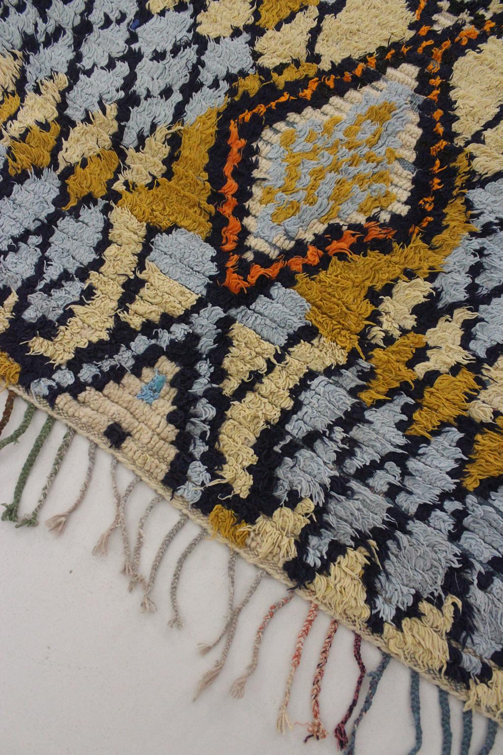 Vintage moroccan rug - blue, mustard - Cotton boucherouite - 4x8.2feet / 122x252cm