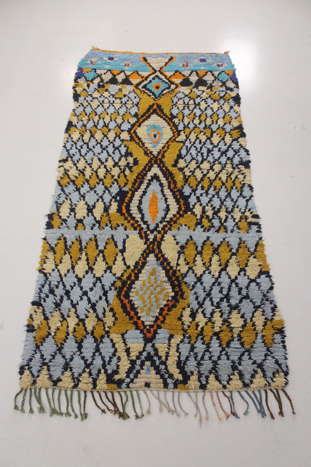 Vintage moroccan rug - blue, mustard - Cotton boucherouite - 4x8.2feet / 122x252cm