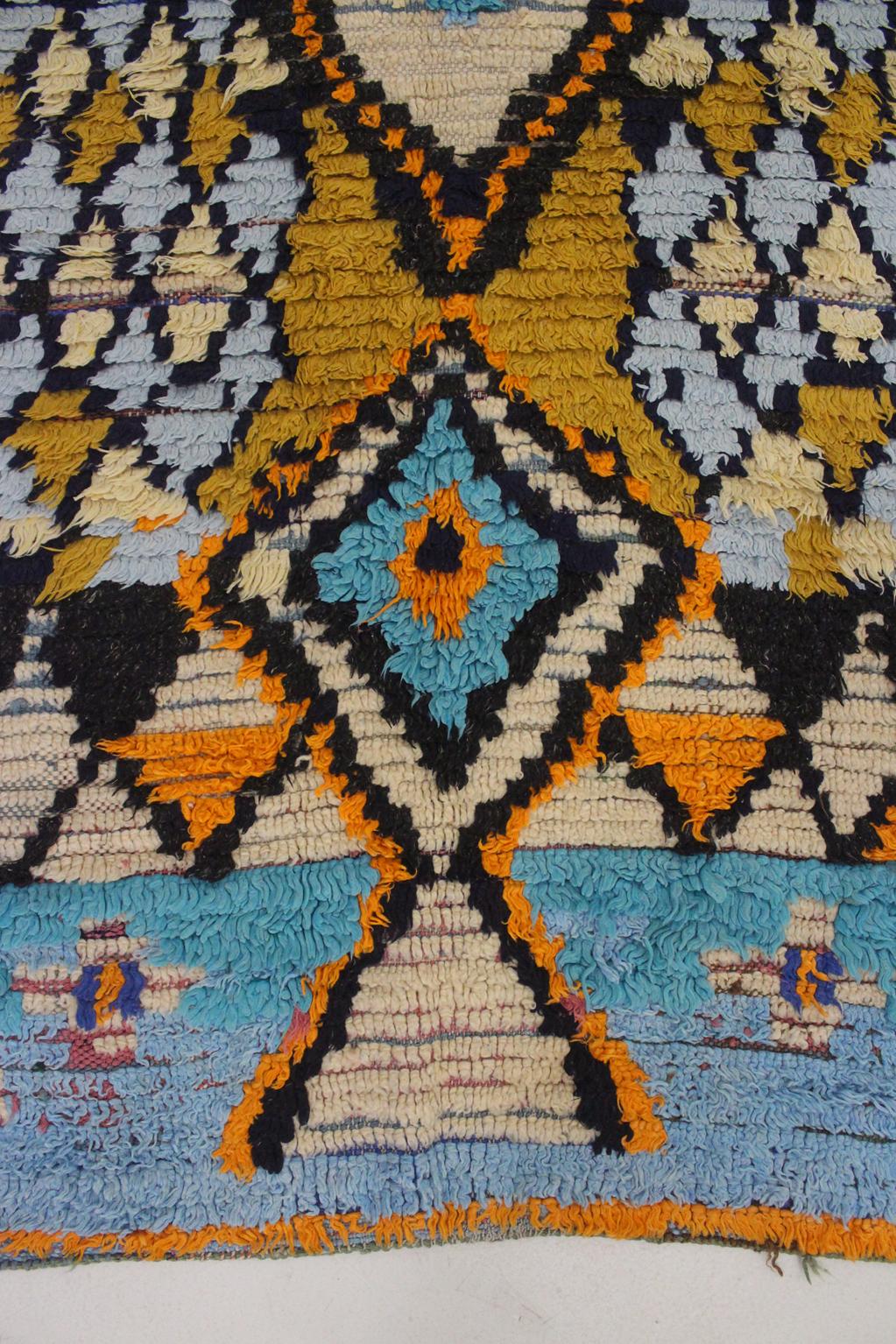 Vintage moroccan rug - blue, mustard - Cotton boucherouite - 4x8.2feet / 122x252cm