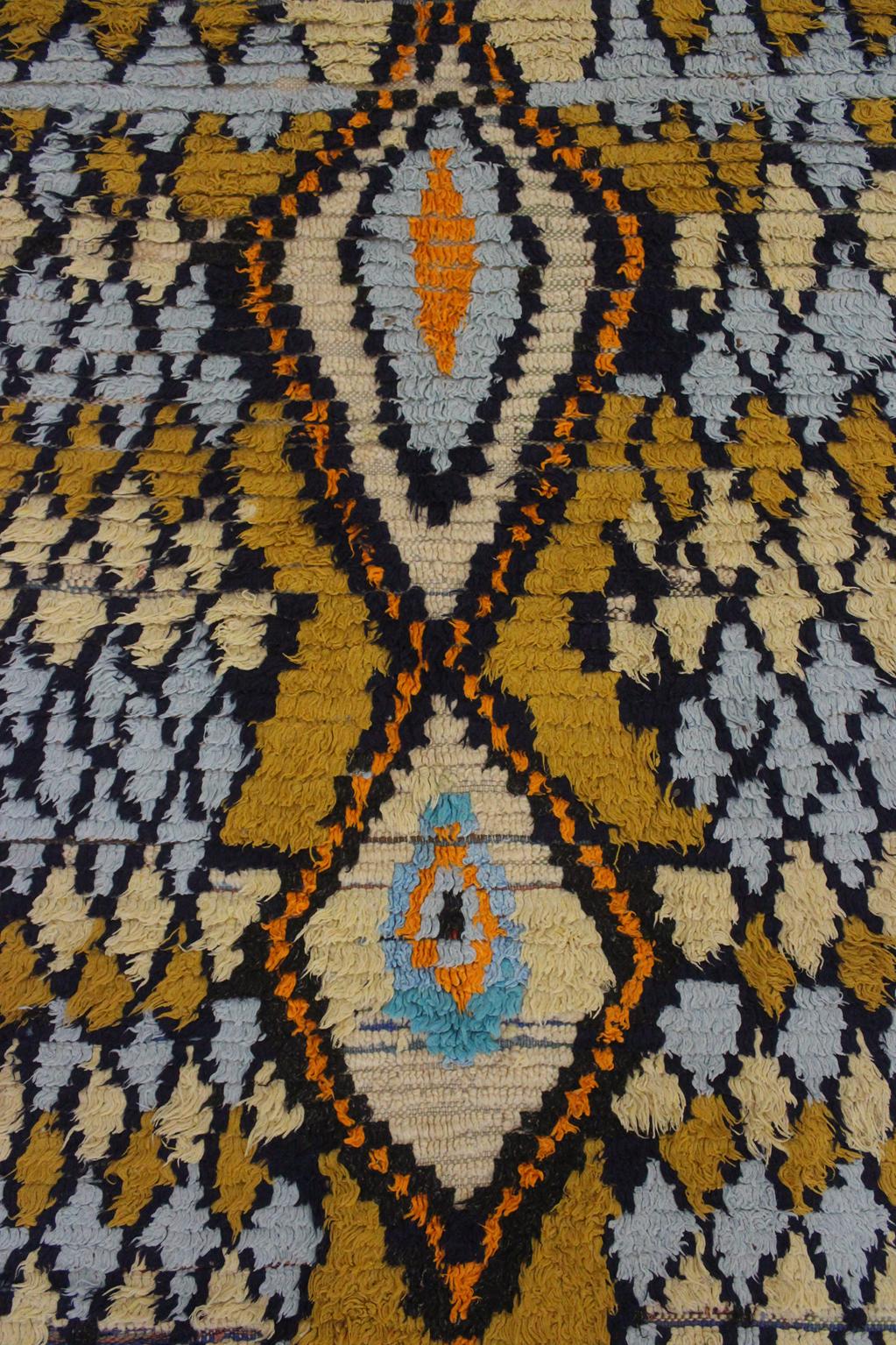 Vintage moroccan rug - blue, mustard - Cotton boucherouite - 4x8.2feet / 122x252cm