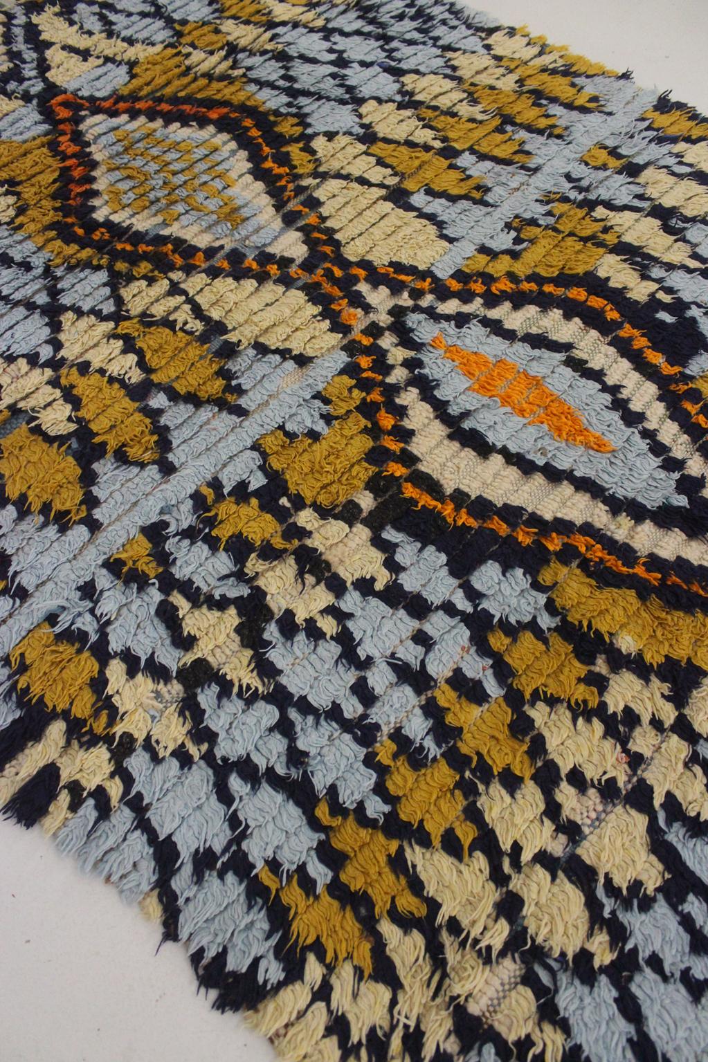 Vintage moroccan rug - blue, mustard - Cotton boucherouite - 4x8.2feet / 122x252cm