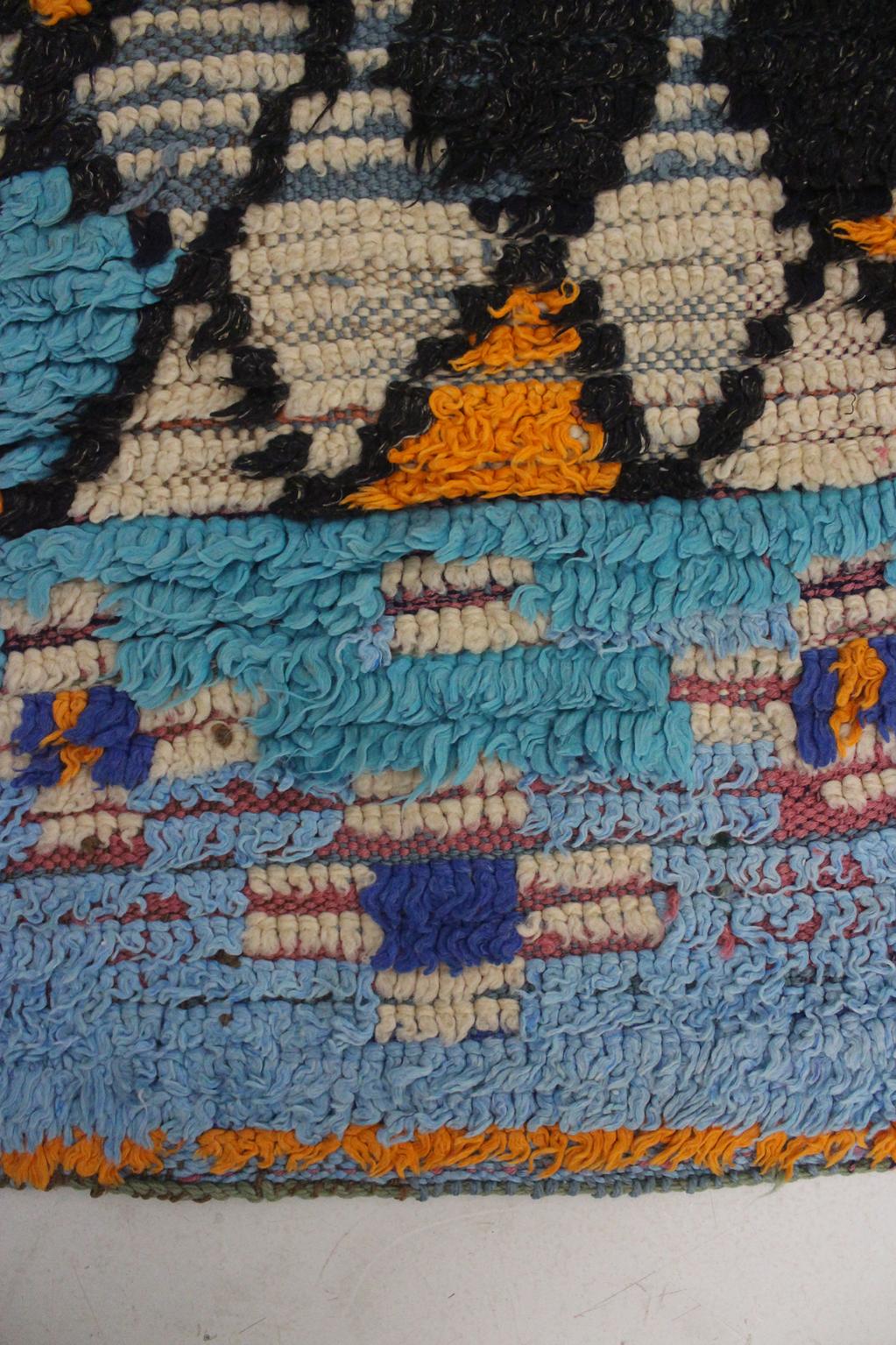 Vintage moroccan rug - blue, mustard - Cotton boucherouite - 4x8.2feet / 122x252cm