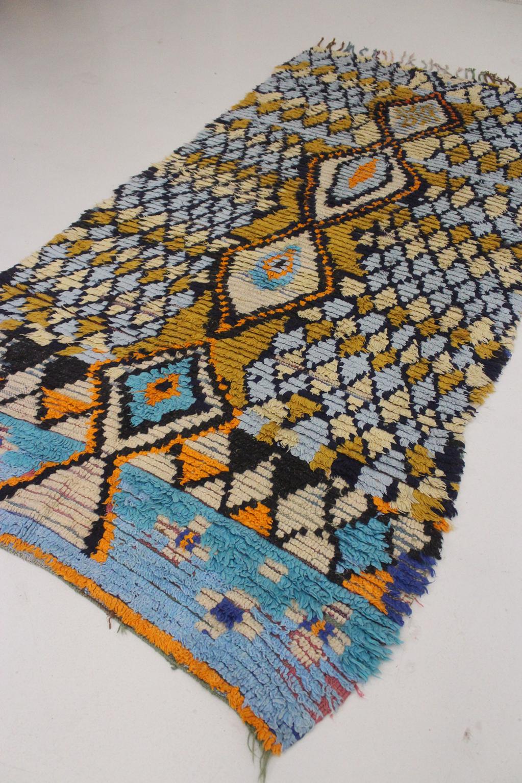 Vintage moroccan rug - blue, mustard - Cotton boucherouite - 4x8.2feet / 122x252cm