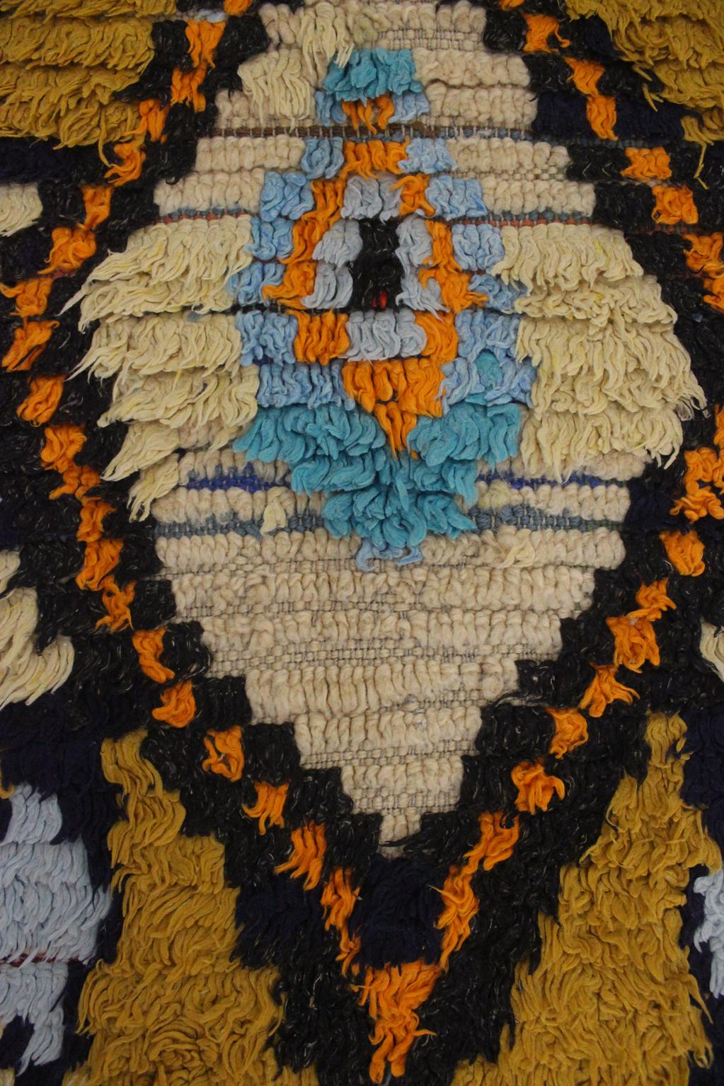 Vintage moroccan rug - blue, mustard - Cotton boucherouite - 4x8.2feet / 122x252cm