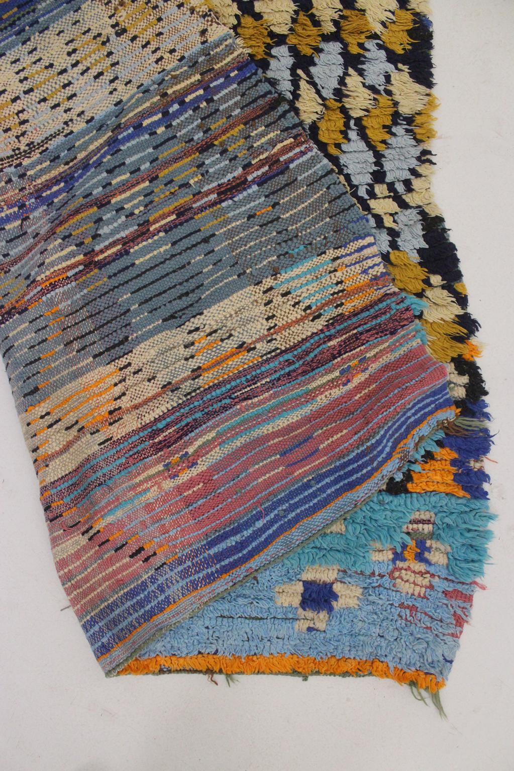 Vintage moroccan rug - blue, mustard - Cotton boucherouite - 4x8.2feet / 122x252cm