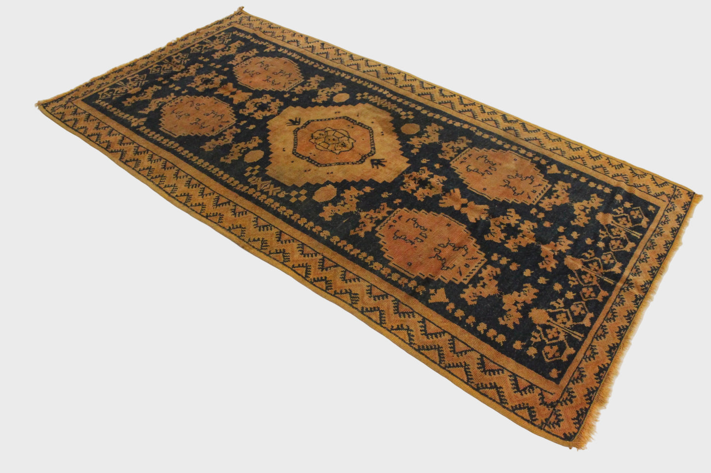 Vintage traditional moroccan rug - blue, orangey - Taznakht - 4.6x8.8feet / 140x270cm