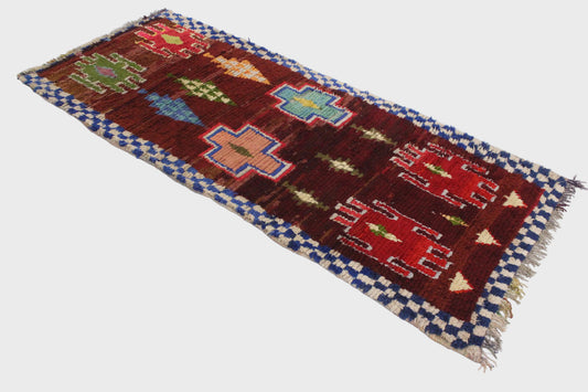 Vintage moroccan rug - burgundy, multicolor - Cotton boucherouite - 3.4x8.1feet / 105x247cm