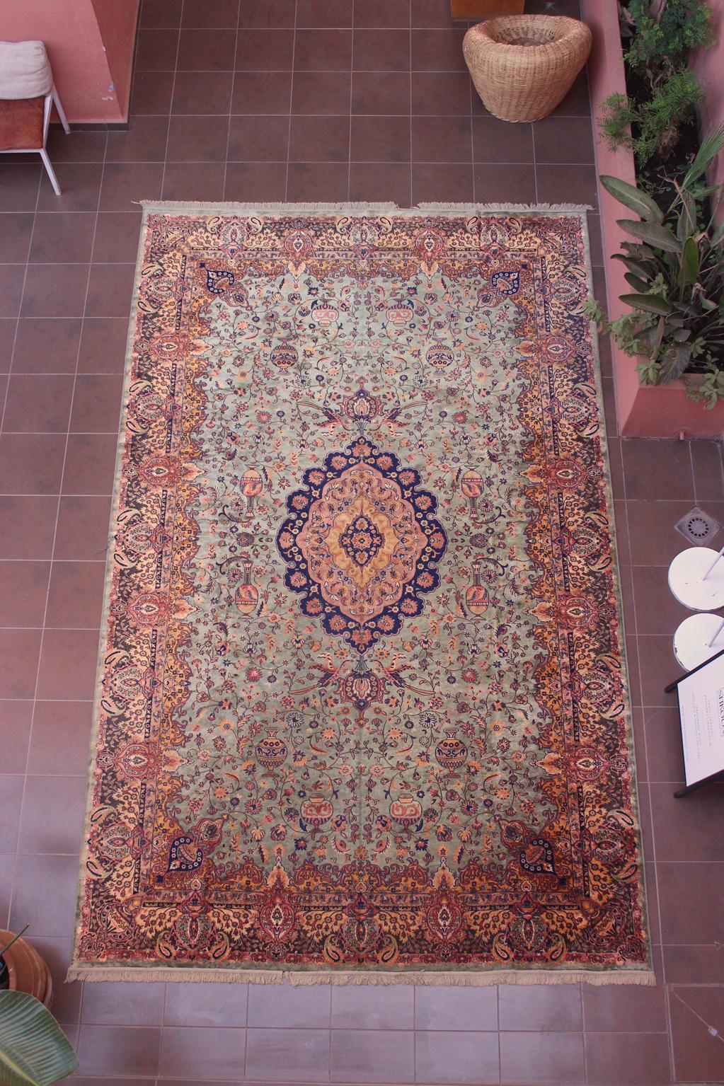 Vintage oversized rug - sage green, navy blue, terracotta - Persian inspired - 9.4x15.2ft / 288x465cm