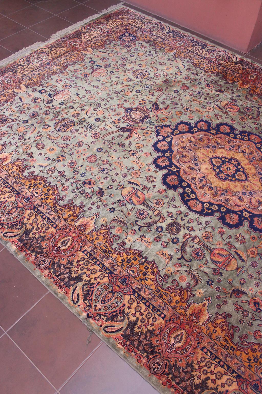 Vintage oversized rug - sage green, navy blue, terracotta - Persian inspired - 9.4x15.2ft / 288x465cm