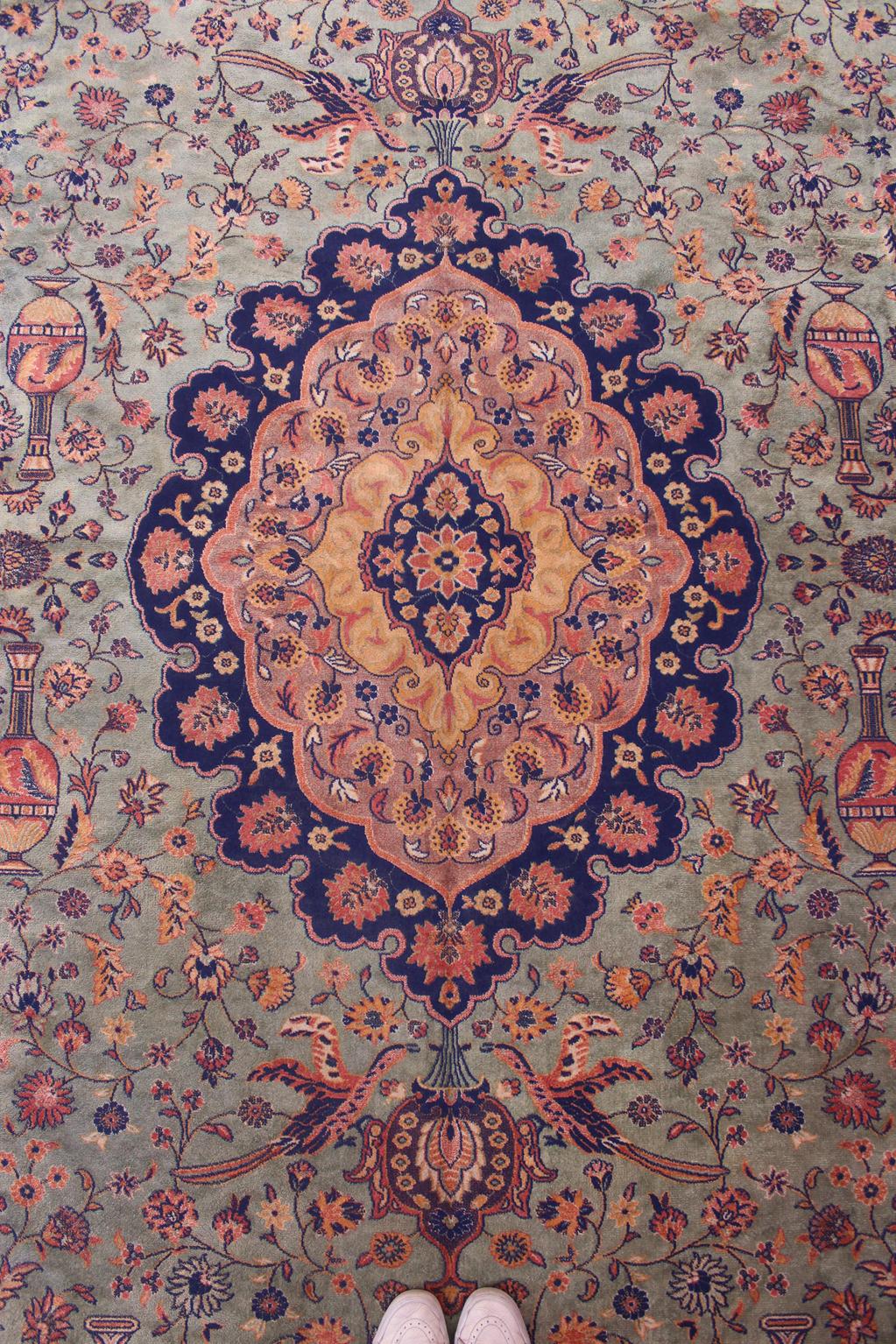 Vintage oversized rug - sage green, navy blue, terracotta - Persian inspired - 9.4x15.2ft / 288x465cm