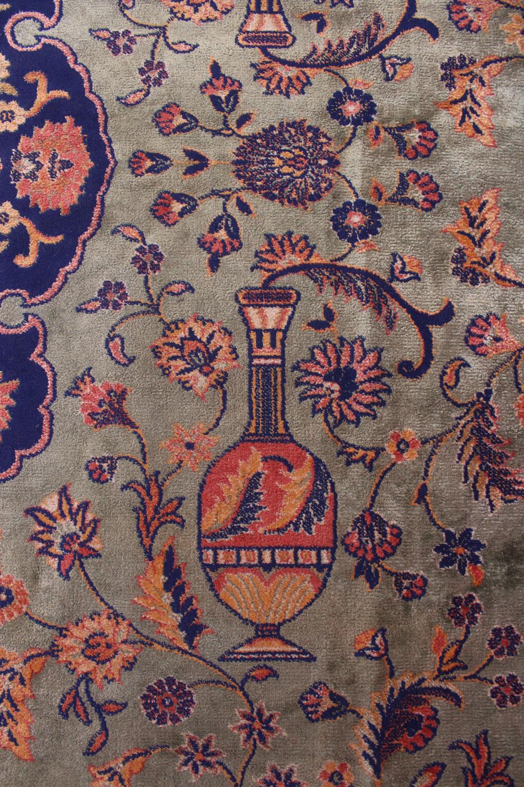 Vintage oversized rug - sage green, navy blue, terracotta - Persian inspired - 9.4x15.2ft / 288x465cm