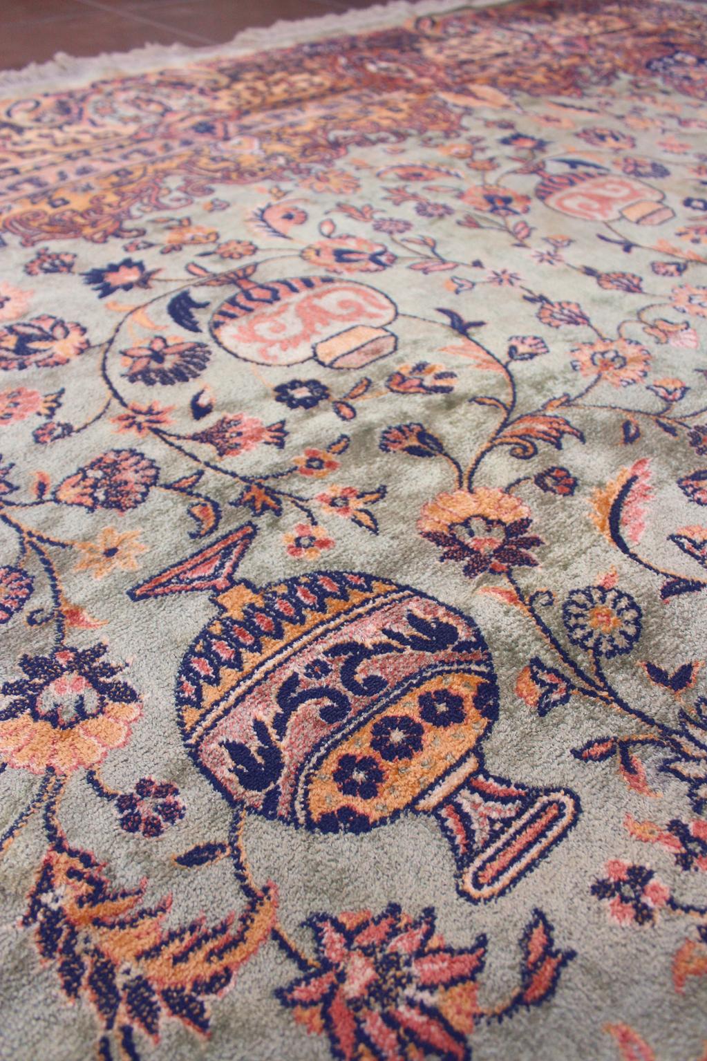 Vintage oversized rug - sage green, navy blue, terracotta - Persian inspired - 9.4x15.2ft / 288x465cm