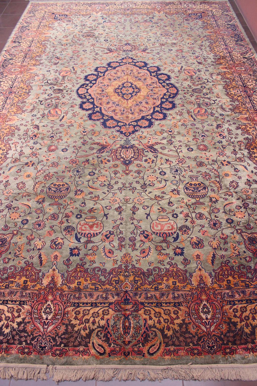 Vintage oversized rug - sage green, navy blue, terracotta - Persian inspired - 9.4x15.2ft / 288x465cm