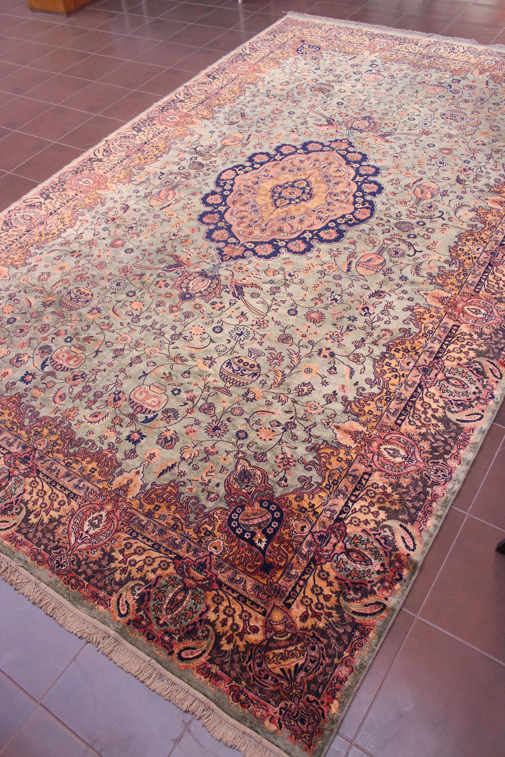 Vintage oversized rug - sage green, navy blue, terracotta - Persian inspired - 9.4x15.2ft / 288x465cm