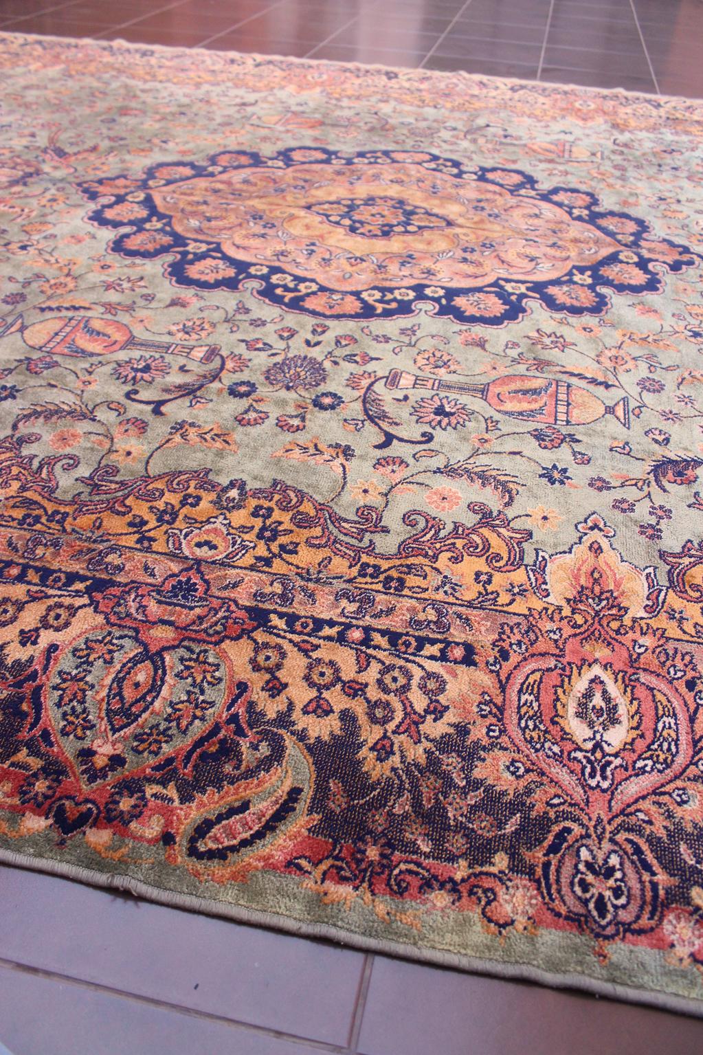 Vintage oversized rug - sage green, navy blue, terracotta - Persian inspired - 9.4x15.2ft / 288x465cm