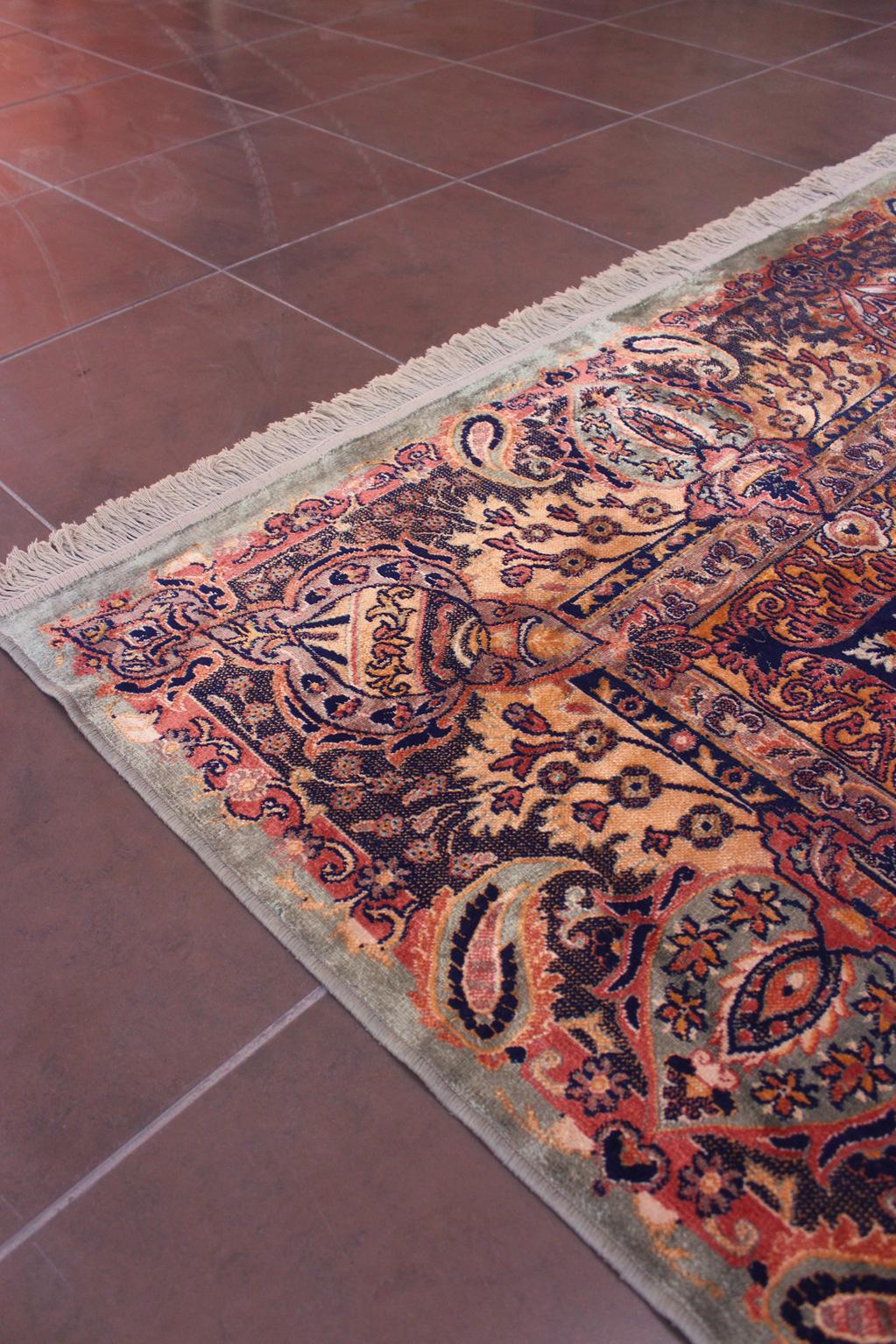 Vintage oversized rug - sage green, navy blue, terracotta - Persian inspired - 9.4x15.2ft / 288x465cm