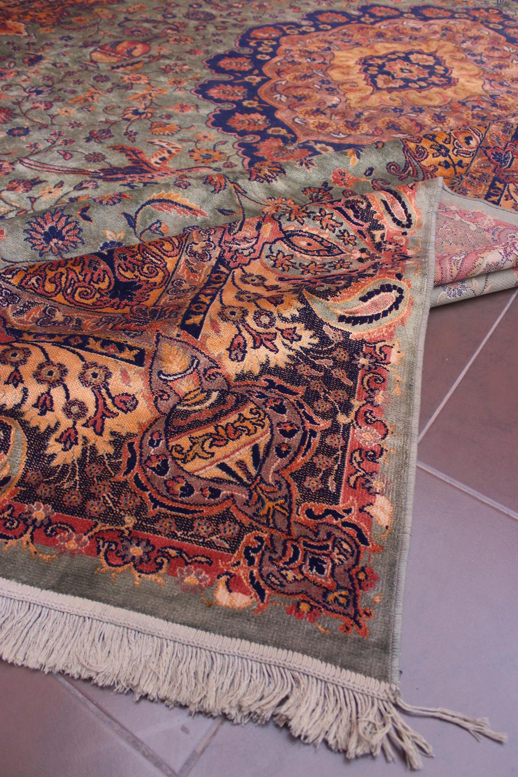 Vintage oversized rug - sage green, navy blue, terracotta - Persian inspired - 9.4x15.2ft / 288x465cm
