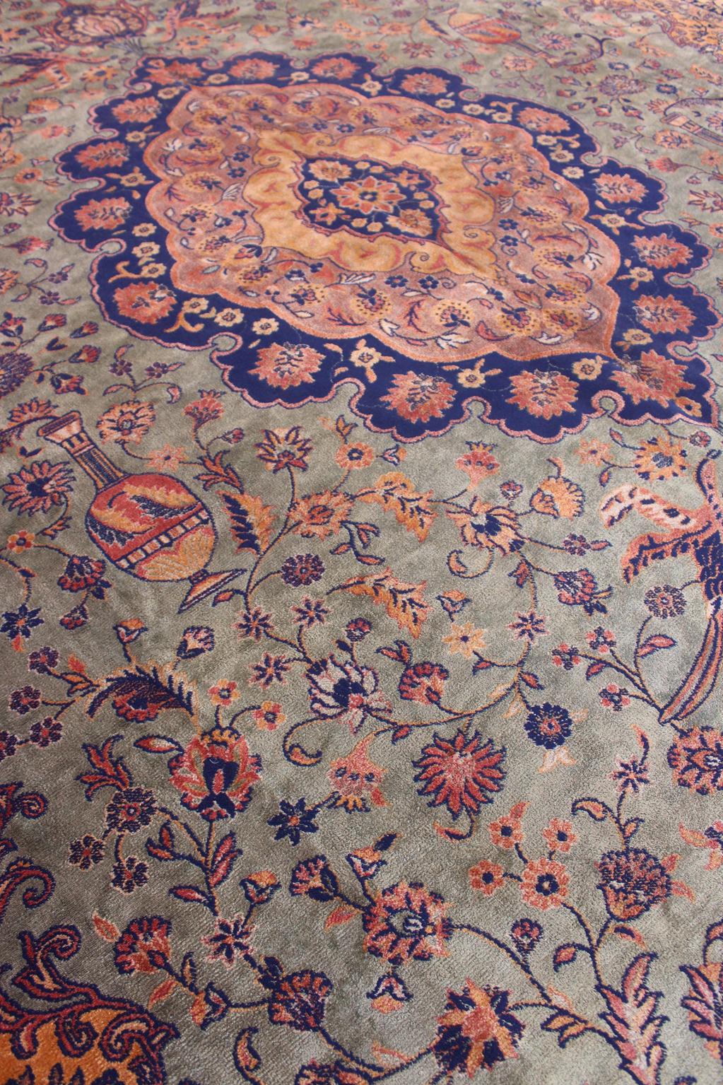 Vintage oversized rug - sage green, navy blue, terracotta - Persian inspired - 9.4x15.2ft / 288x465cm