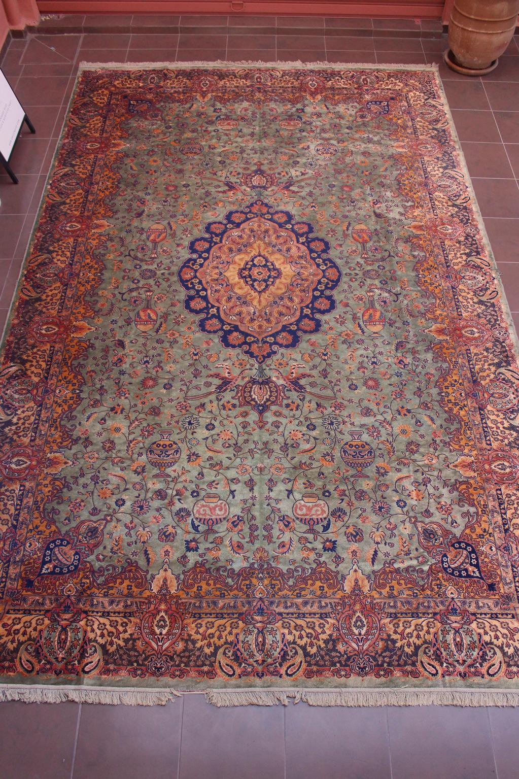 Vintage oversized rug - sage green, navy blue, terracotta - Persian inspired - 9.4x15.2ft / 288x465cm