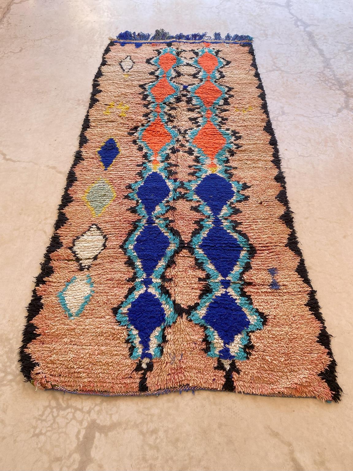Vintage moroccan runner rug - peach, blue, orange - Azilal - 4.3x9.6feet / 132x295cm