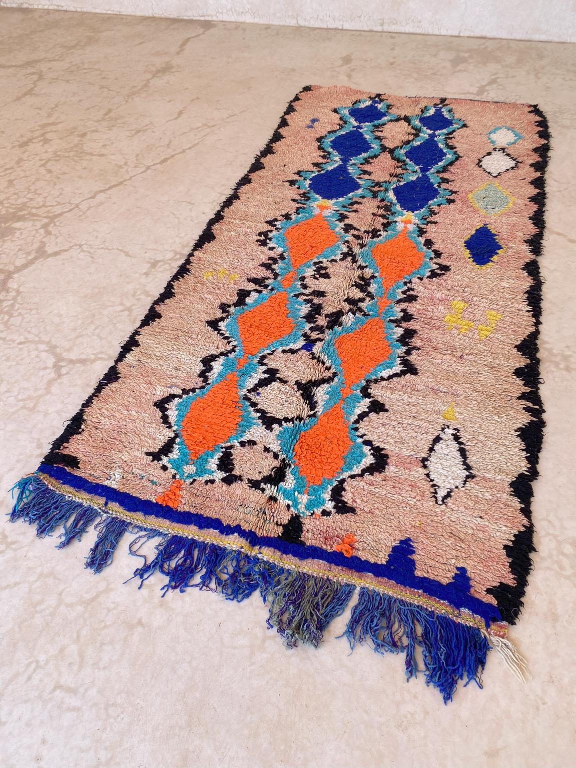 Vintage moroccan runner rug - peach, blue, orange - Azilal - 4.3x9.6feet / 132x295cm