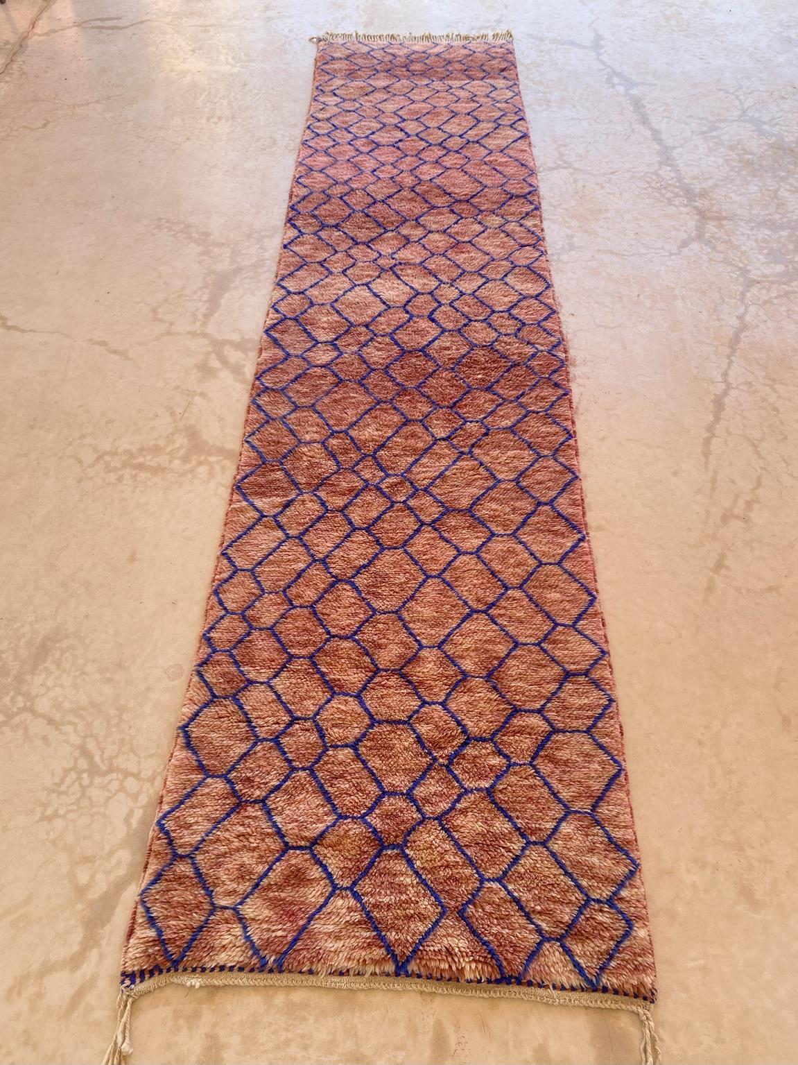 New moroccan runner rug - pink, blue - Mrirt - 3.1x13.4feet / 95x408cm