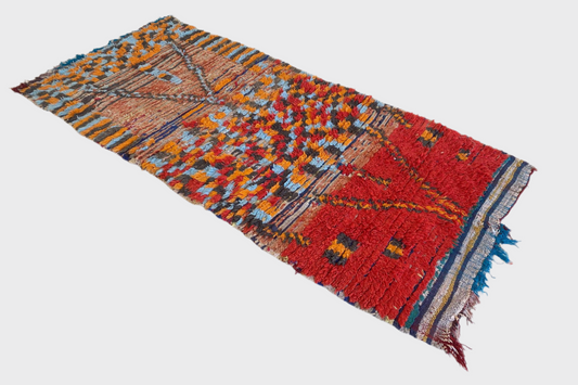 Vintage moroccan runner rug - red, orange, blue - 3.4x7.5feet / 106x230cm