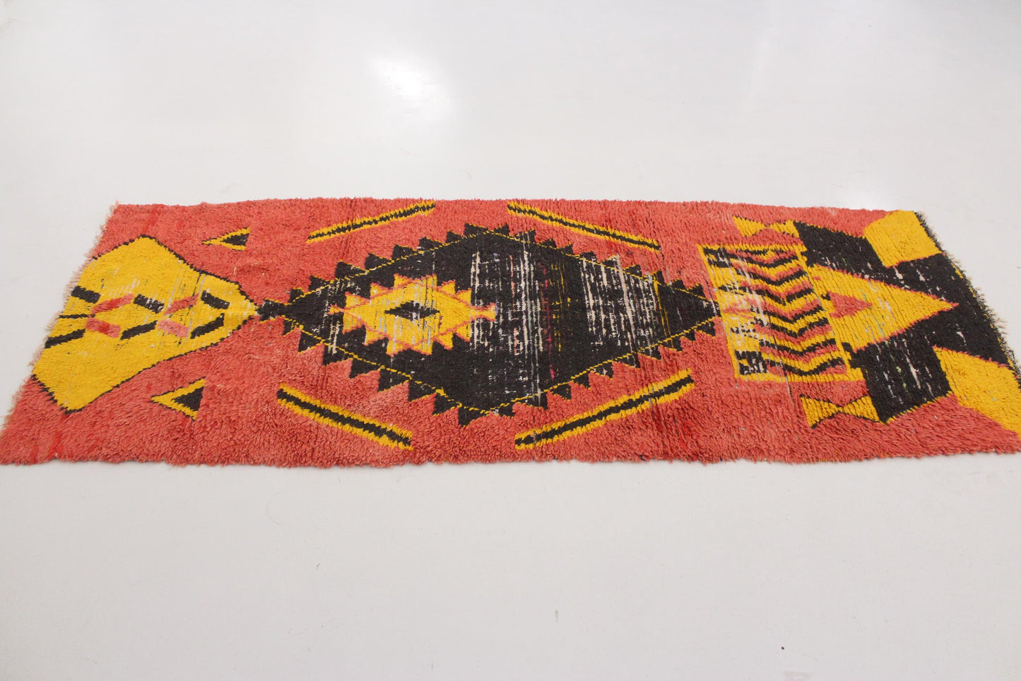 Vintage moroccan runner rug - orange, yellow, black - Boucherouite - 3.6x8.8feet / 110x268cm