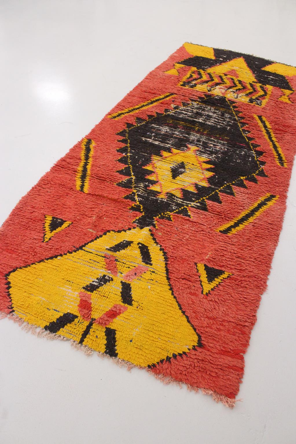 Vintage moroccan runner rug - orange, yellow, black - Boucherouite - 3.6x8.8feet / 110x268cm