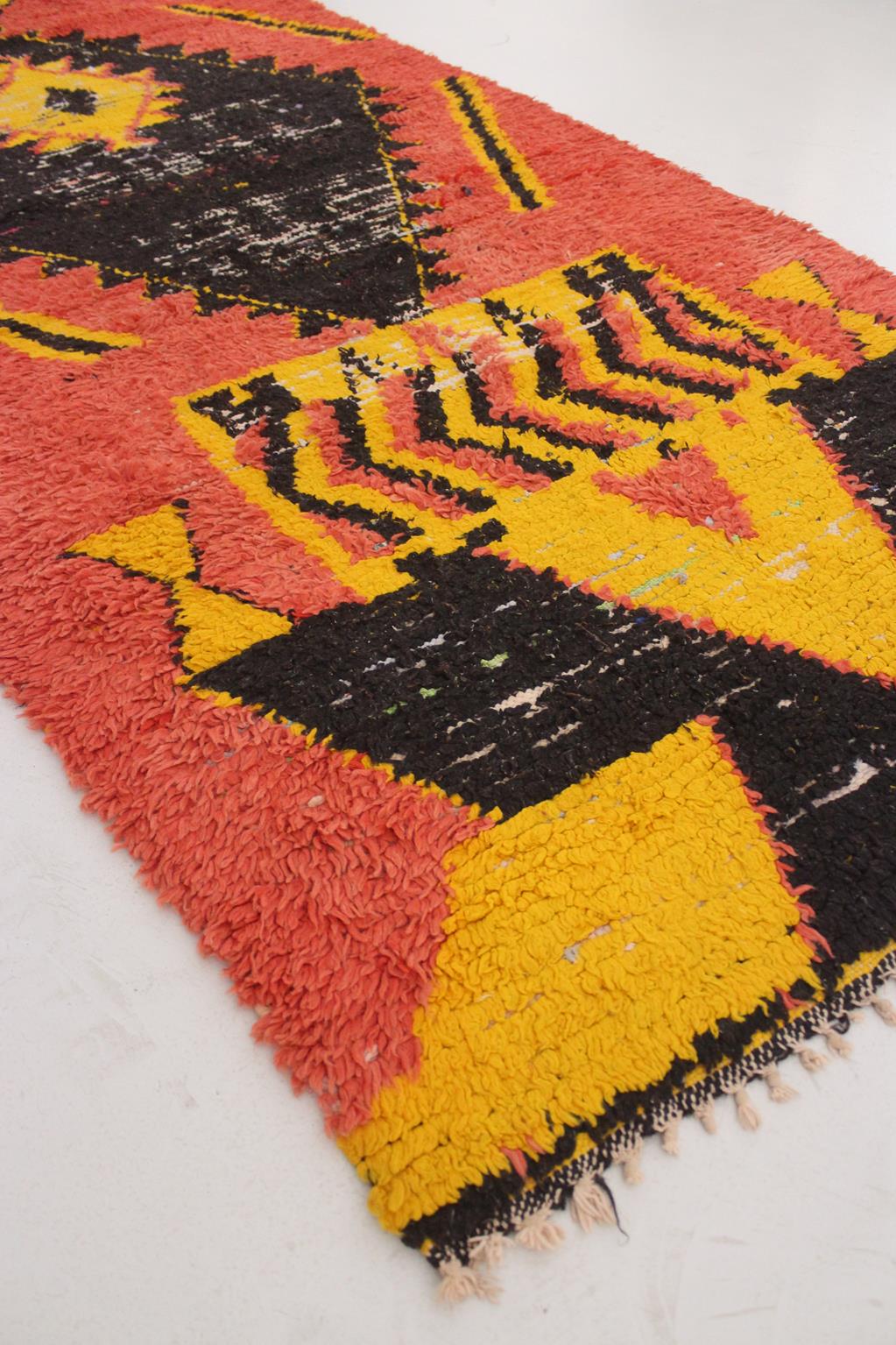 Vintage moroccan runner rug - orange, yellow, black - Boucherouite - 3.6x8.8feet / 110x268cm