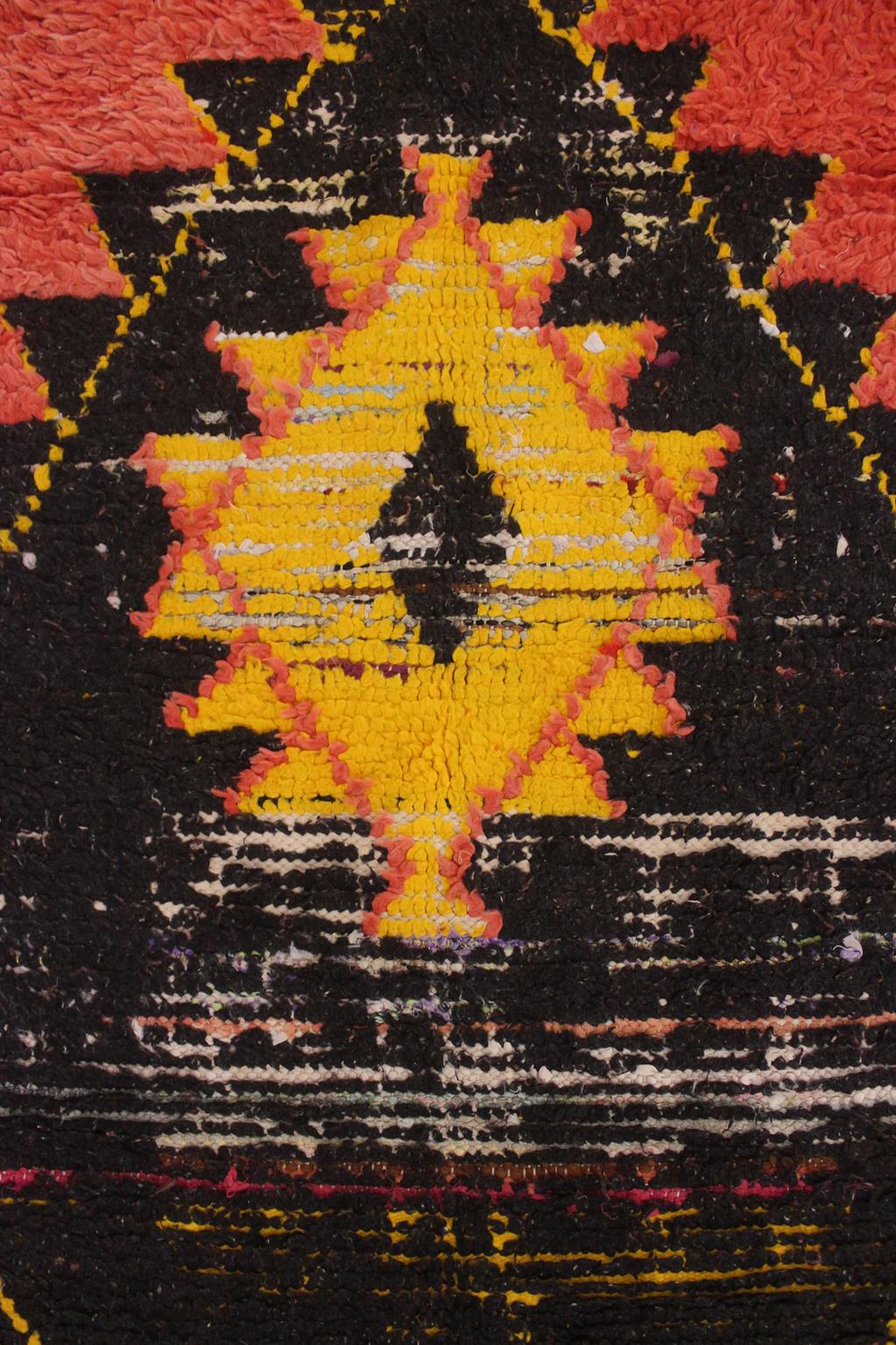 Vintage moroccan runner rug - orange, yellow, black - Boucherouite - 3.6x8.8feet / 110x268cm