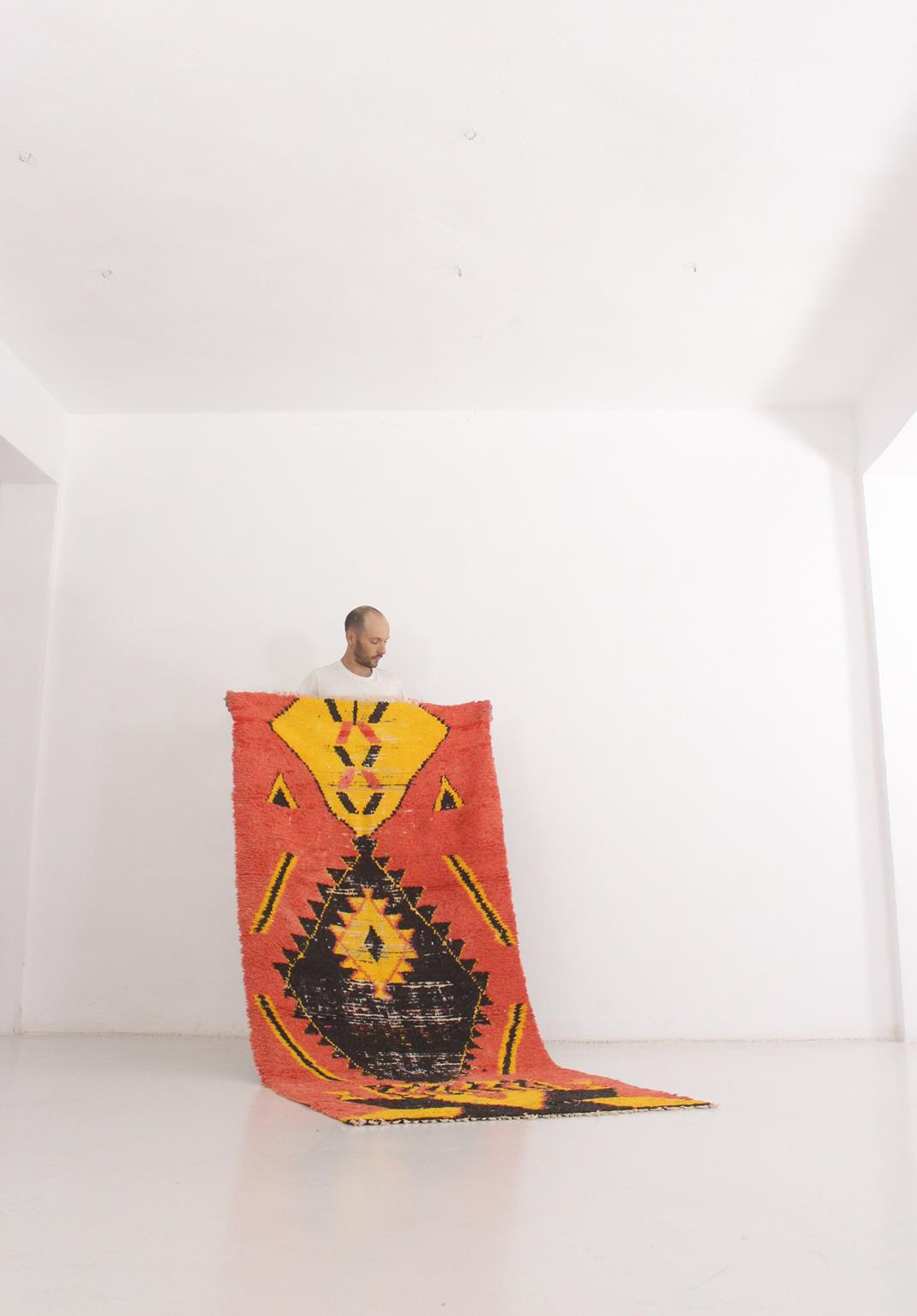 Vintage moroccan runner rug - orange, yellow, black - Boucherouite - 3.6x8.8feet / 110x268cm