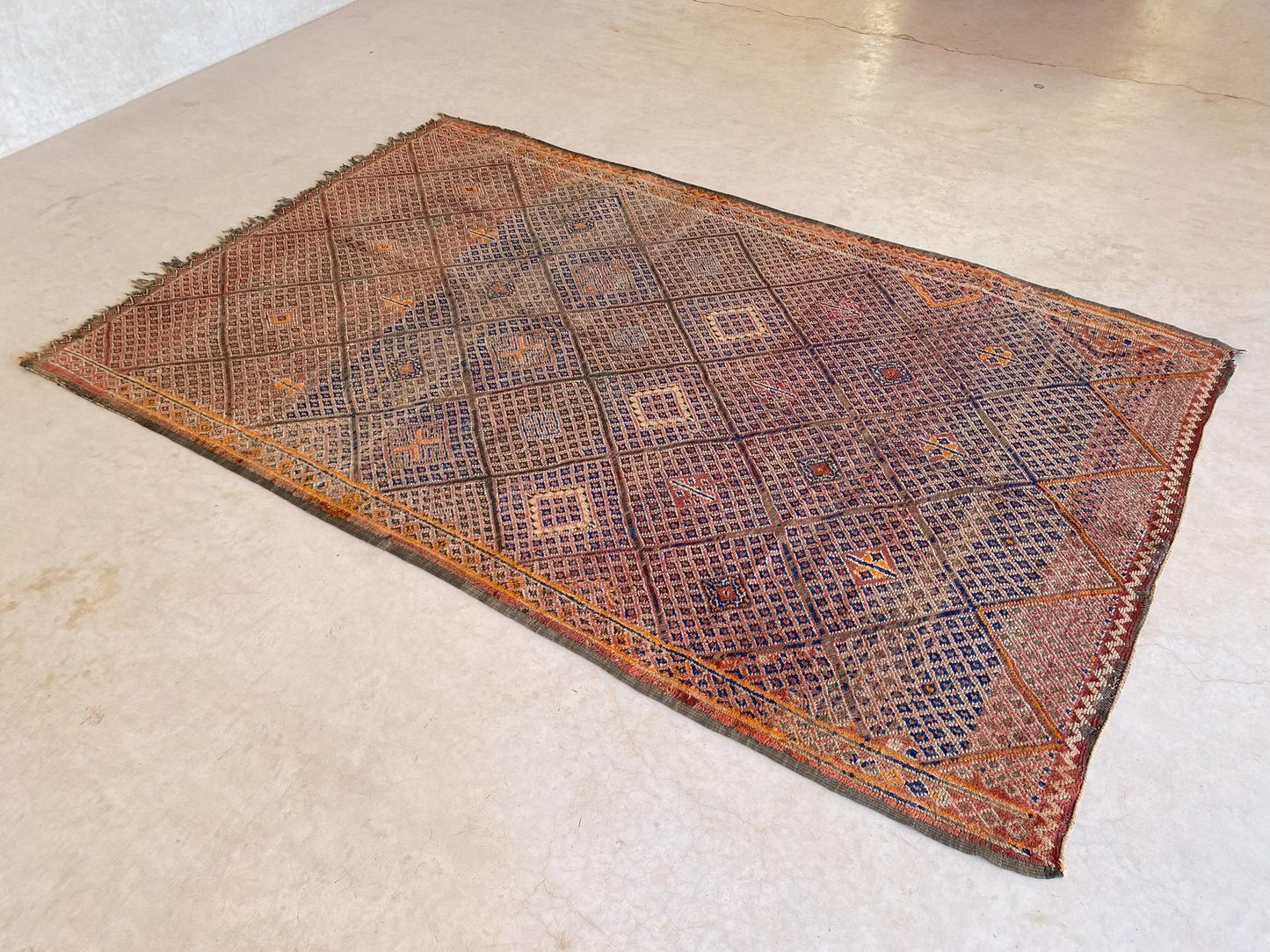 Vintage area moroccan rug - cream, orange, blue - Beni Mguild - 6.1x9.8feet / 186x298cm