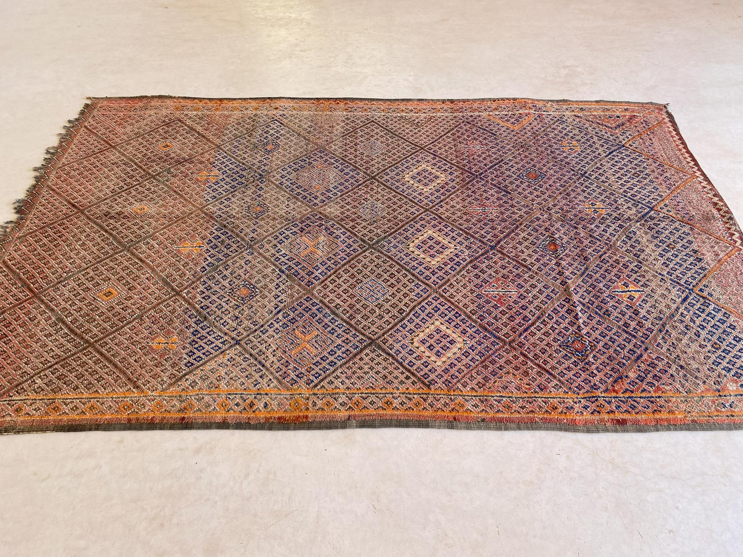 Vintage area moroccan rug - cream, orange, blue - Beni Mguild - 6.1x9.8feet / 186x298cm