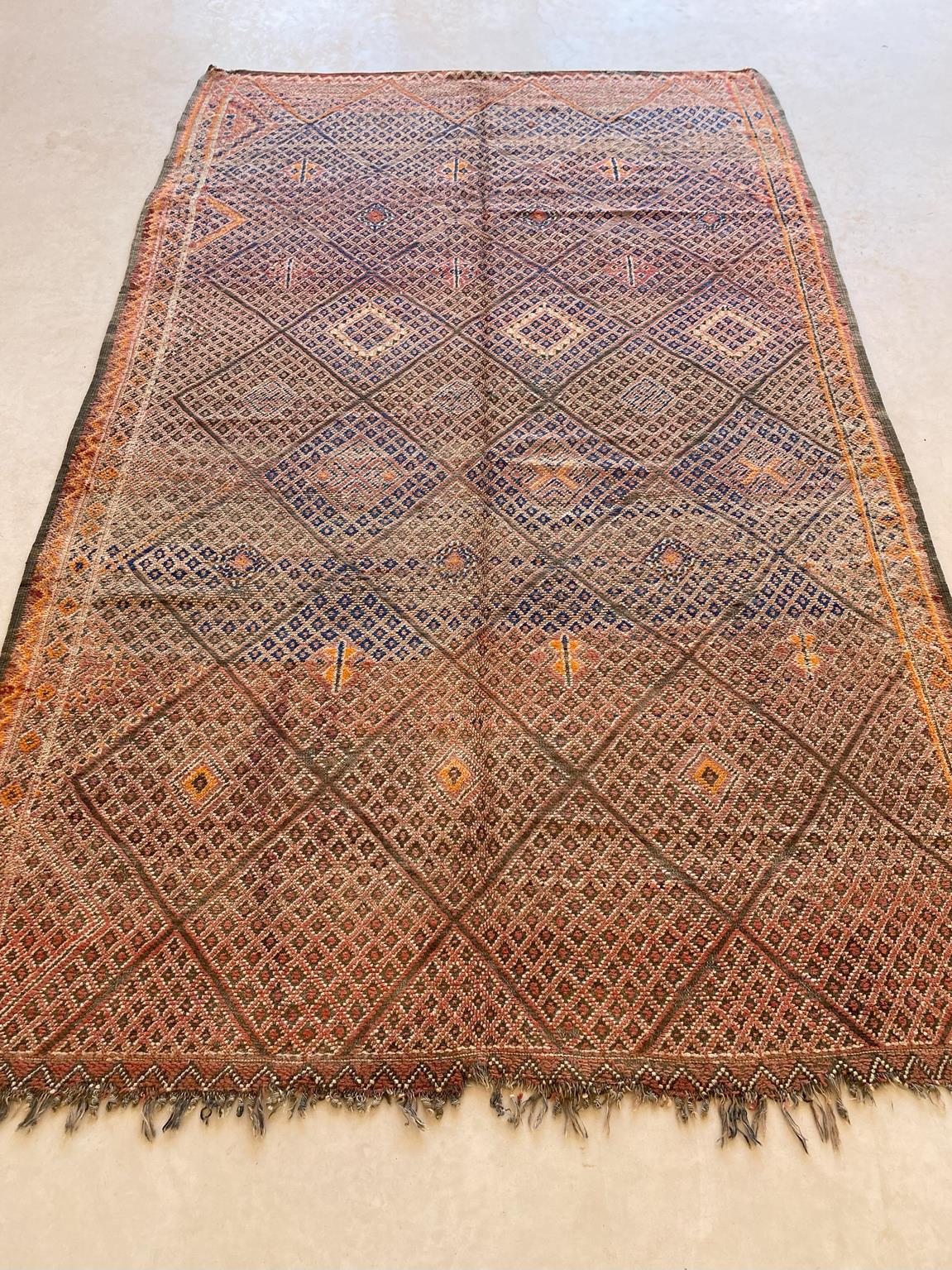 Vintage area moroccan rug - cream, orange, blue - Beni Mguild - 6.1x9.8feet / 186x298cm