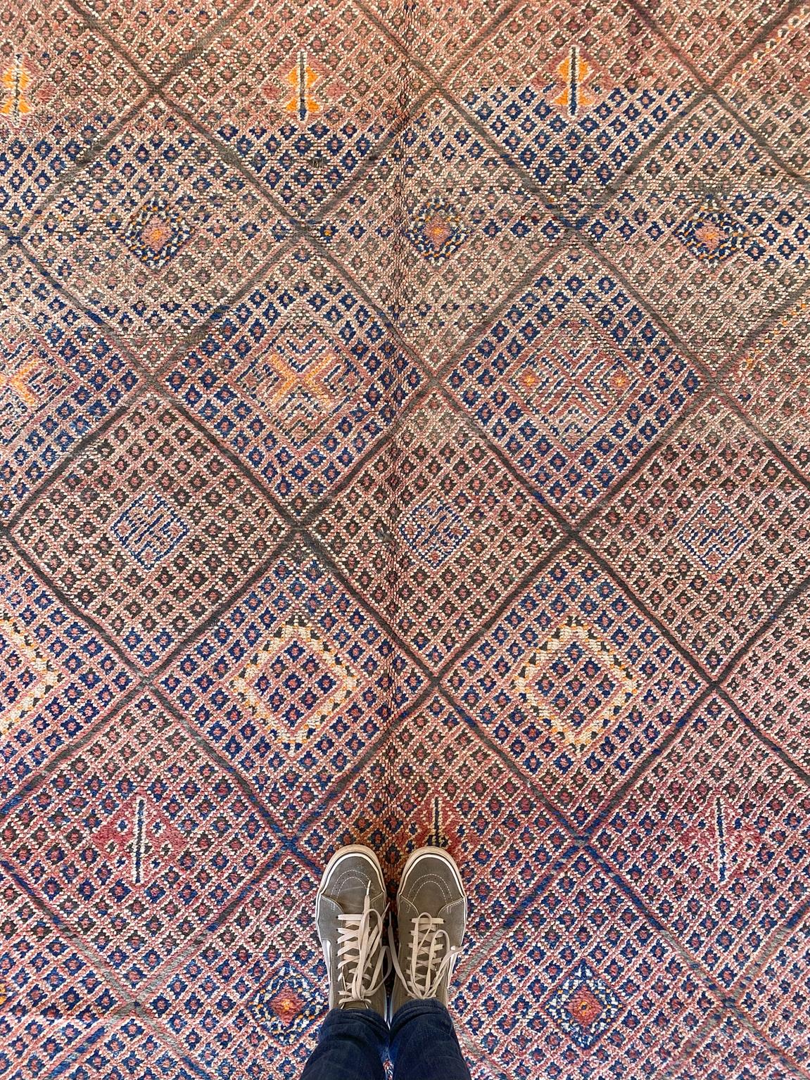 Vintage area moroccan rug - cream, orange, blue - Beni Mguild - 6.1x9.8feet / 186x298cm