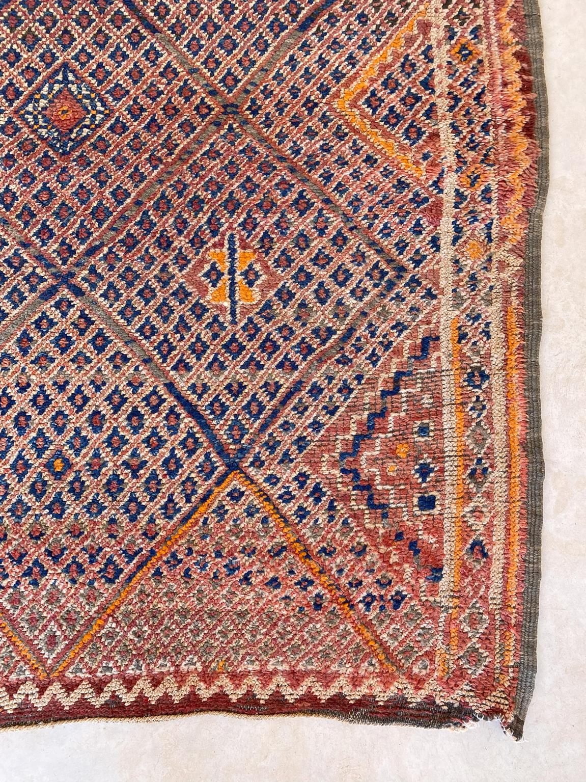 Vintage area moroccan rug - cream, orange, blue - Beni Mguild - 6.1x9.8feet / 186x298cm