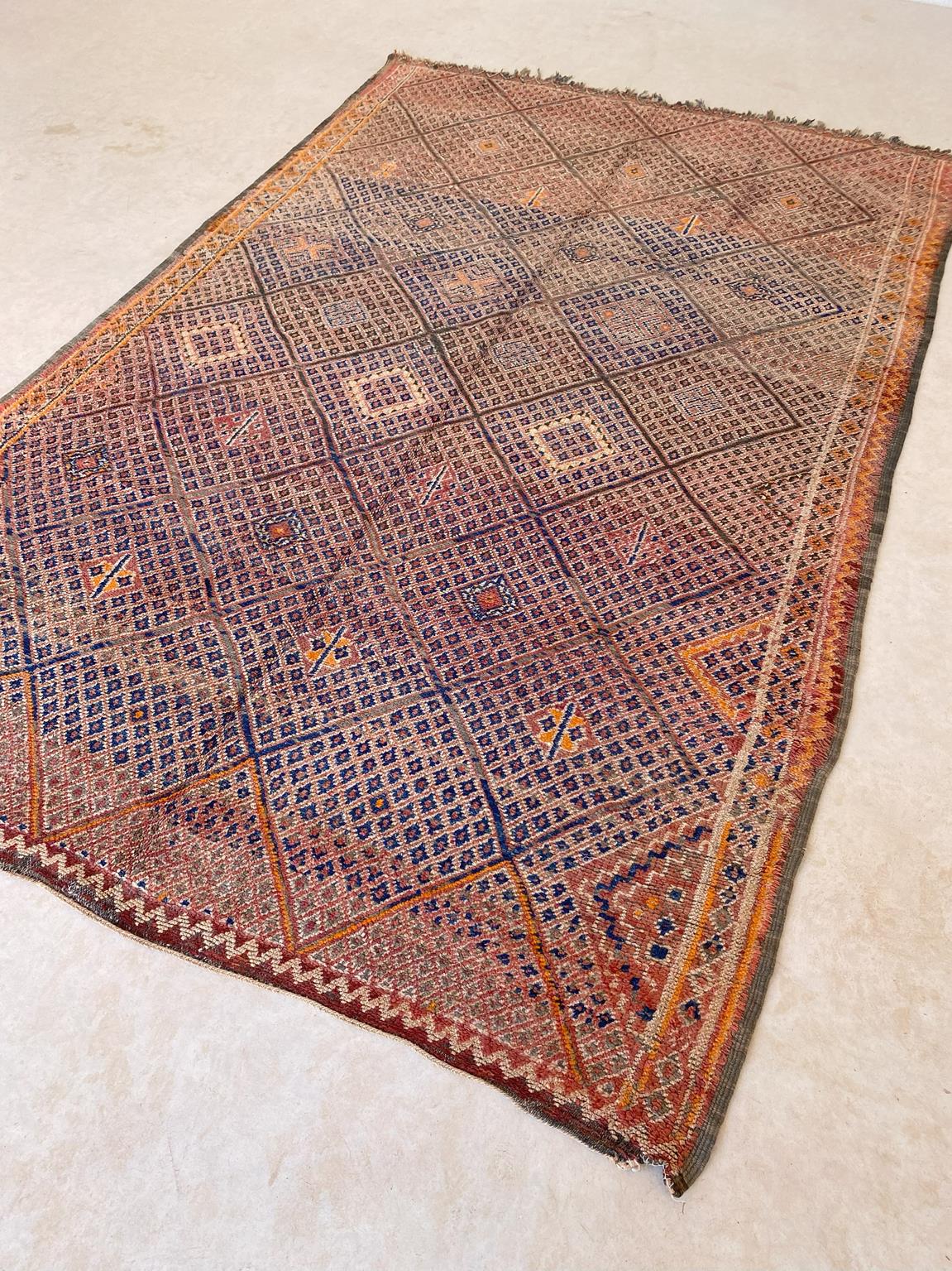 Vintage area moroccan rug - cream, orange, blue - Beni Mguild - 6.1x9.8feet / 186x298cm