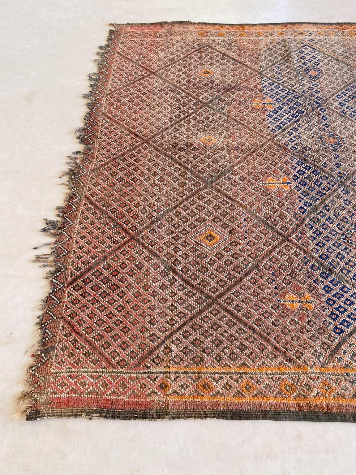 Vintage area moroccan rug - cream, orange, blue - Beni Mguild - 6.1x9.8feet / 186x298cm