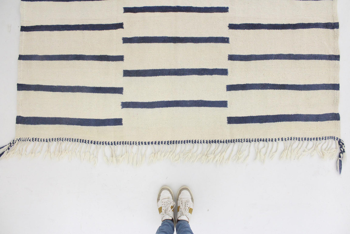 New area moroccan rug - cream, blue - Kilim Zanafi - 6.5x10.6feet / 200x323cm