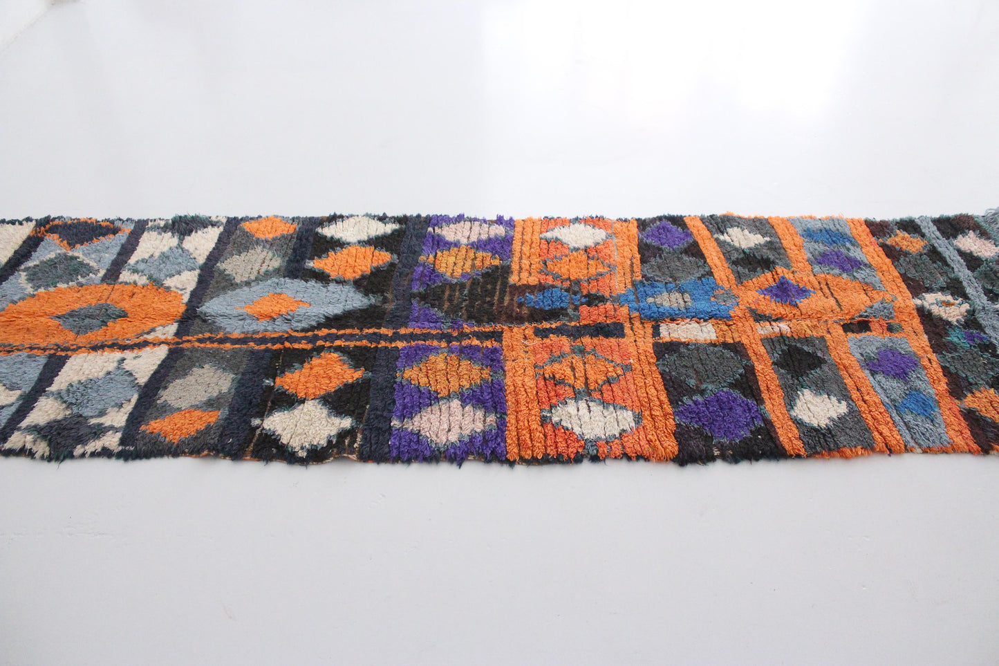 Vintage moroccan runner rug - green, blue, orange - Boucherouite - 2.4x8.7feet / 75x265cm